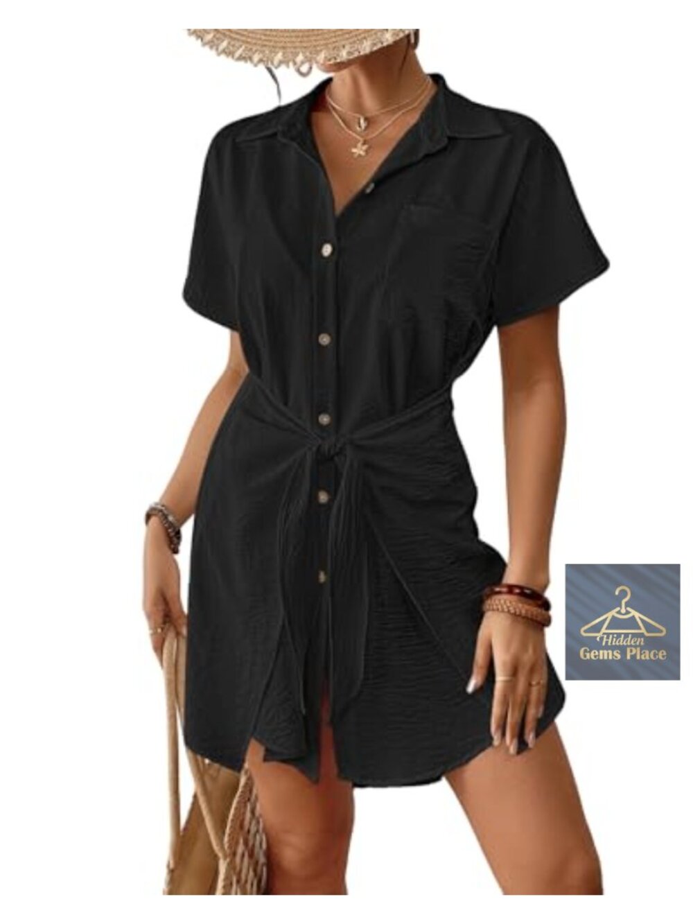 Women's Swimsuit Coverup Short Sleeve Tie Beach Shirt Dress